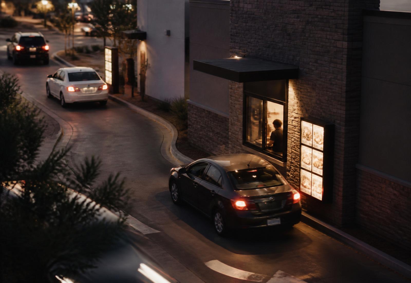 Cars queued at a drive-thru window at dusk