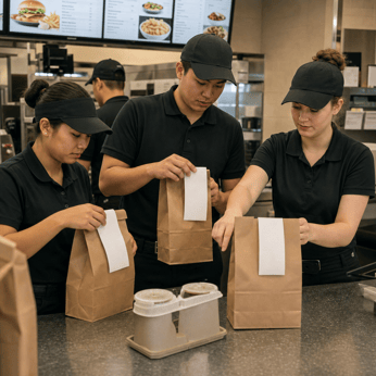 Restaurant staff assembling and packing takeout orders for customer pickup.