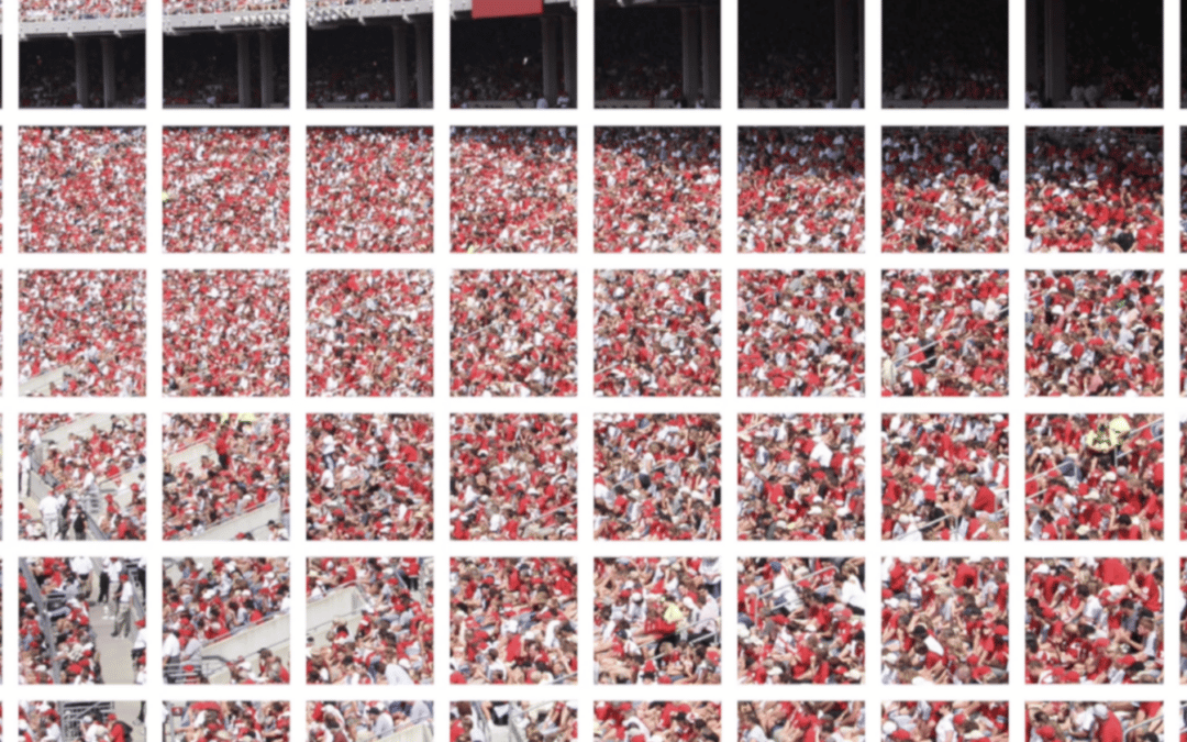 An image of a crowd, split into five rows of ten tiles