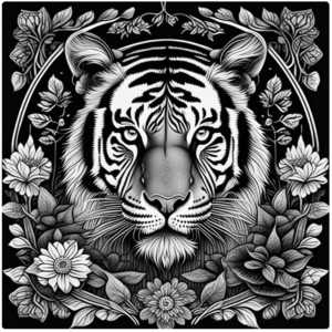 Prompt: Immersive, captivating, grayscale coloring, featuring a tiger in the tranquil mandala forest. The image is composed of lines and brushstrokes.